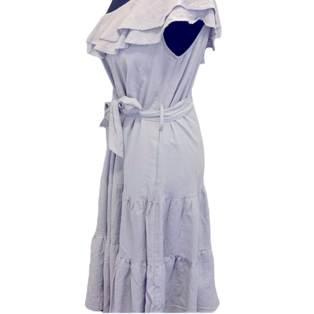 Nicole Miller Blue Linen One Shoulder MIDI Dress Ruffles Chambray XS NWOT - Picture 3 of 5